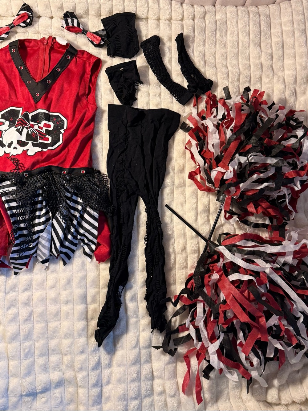Spirit Red, Black and White Punk Cheerleader Costume with Pom Poms